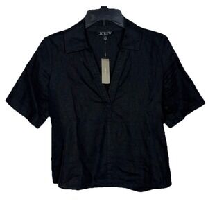 J. CREW Black 100% Linen Collared V-Neck Top NEW Minimalist Boxy Size XXS